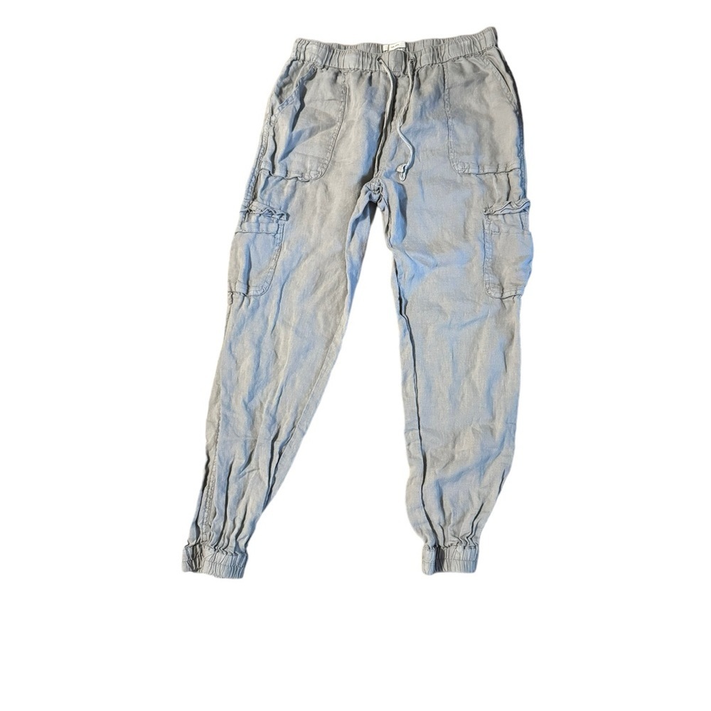Nicole Miller Linen Cargo Jogger Pants Size Medium Gray Drawstring Mid Rise